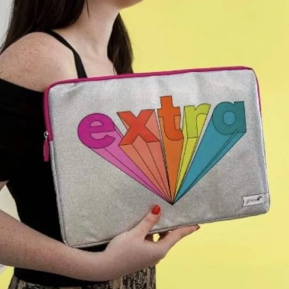 YOOBI Laptop Case In Metallic Silver Glitter With Rainbow Letters “Extra “